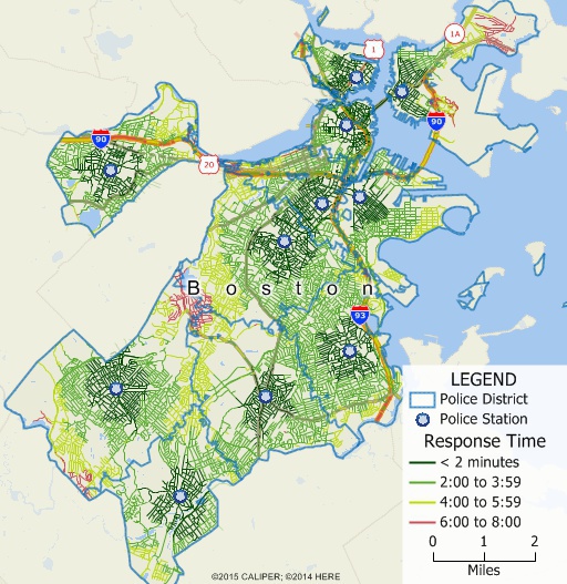 Maptitude map of territories based on drive-time to nearest police station