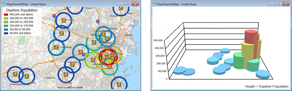 Circular color theme and circular 3D theme created with Maptitude radius map tool