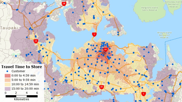 Maptitude New Zealand site analysis mapping software can determine drive times to sites