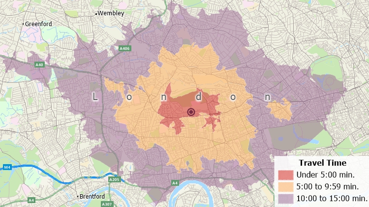 Drive-time analysis map with customer locations created with the Maptitude street maps software