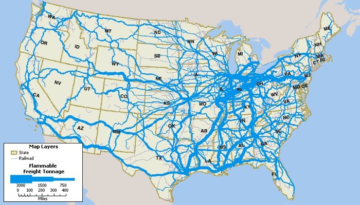 TransCAD U.S. rail freight flow map