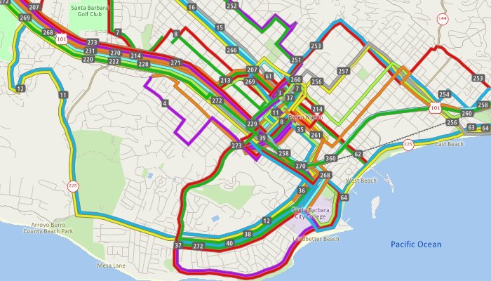 TransCAD route system map of bus routes in Santa Barbara, CA