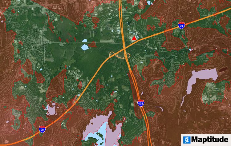 What is a Visability Analysis/Visability Analysis definition: Maptitude map software map showing visible viewshed area from a location