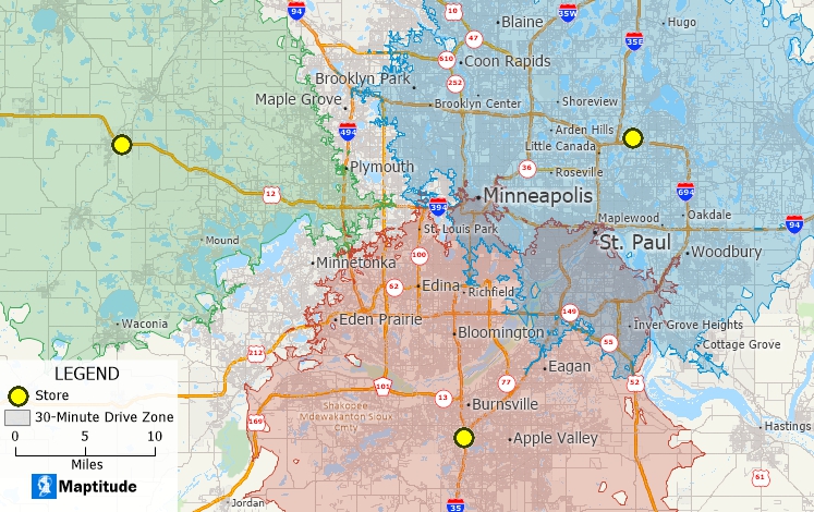 What is a drive-time caption area: catchment areas based on drive time created with Maptitude mapping software