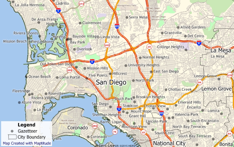 What is a gazetteer/gazetteer definition: Maptitude map showing a gazetteer of geographic places in San Diego, California