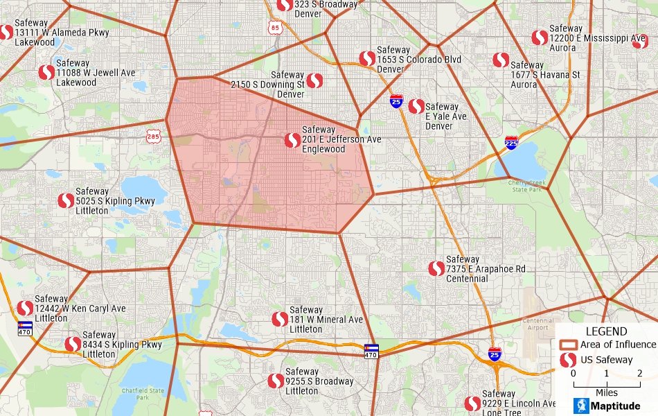 What is an area of influence/Area of influence definition: Map of areas of influence around grocery stores created with Maptitude mapping software