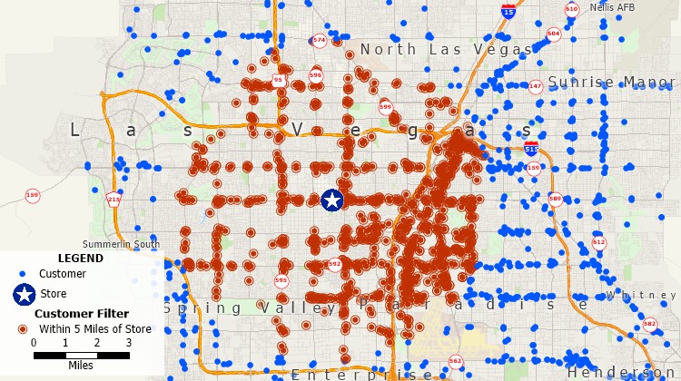 Map with customers filtered and highlighted based on whether they are within a certain radius of a store