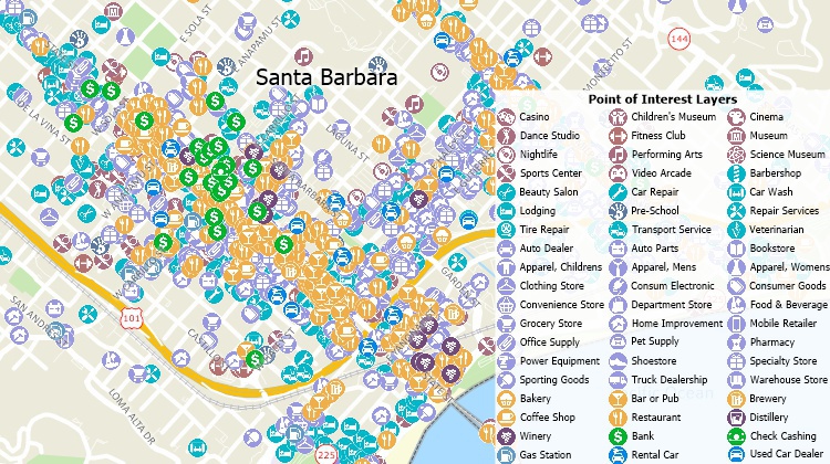 Maptitude map with available free business points of interest data