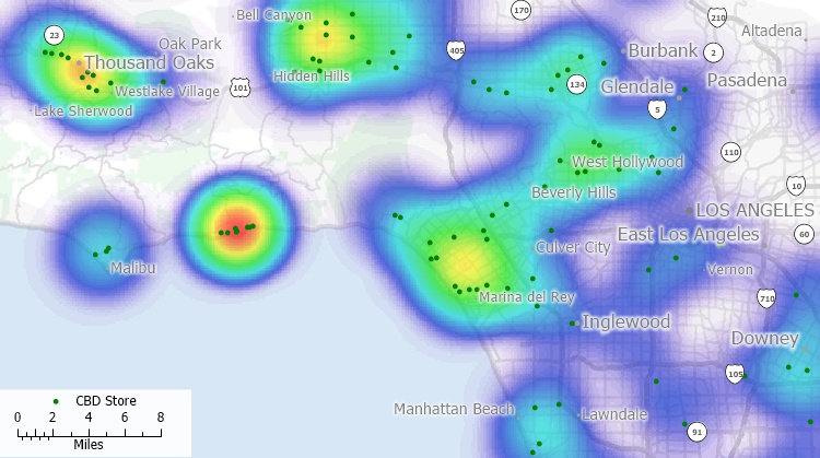 Maptitude THC dispensary mapping software: Map of CBD store locations and density in Los Angeles area