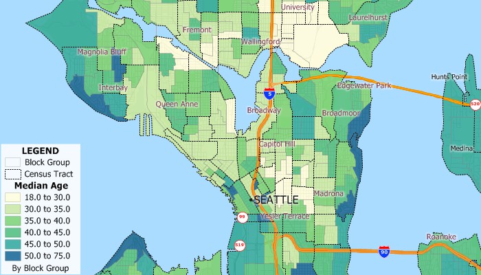 Maptitude map of median age by Census Block Group using the new 2019 block group layer