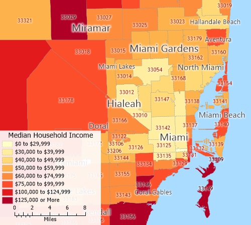What is a choropleth map/choropleth map defintion: choropleth map showing median income by ZIP Code created with Maptitude map software