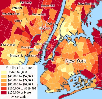 Maptitude choropleth heat map of median income by zip code