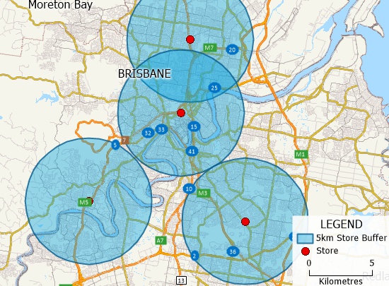 Circular territories around store locations created with territory mapping software