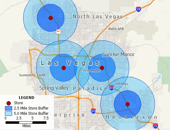 Circular territories around store locations created with territory mapping software