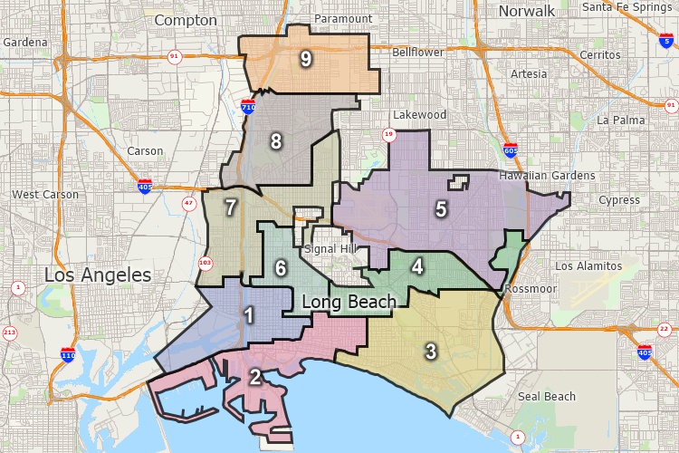 Long Beach, California council district boundaries shown on a map created with a GIS for municipalities