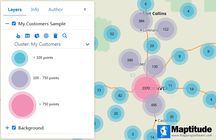 What is a cluster map/bubble map defintion: An example of a cluster map where customers are combined into large clusters at scales where individual points would be very dense
