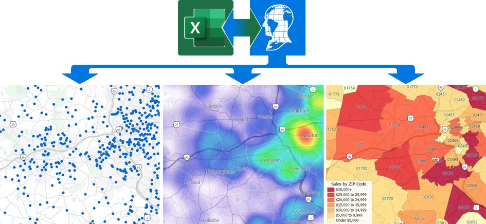 Create pin maps, heat maps, or aggregate sales by postal code maps from Excel spreadsheets
