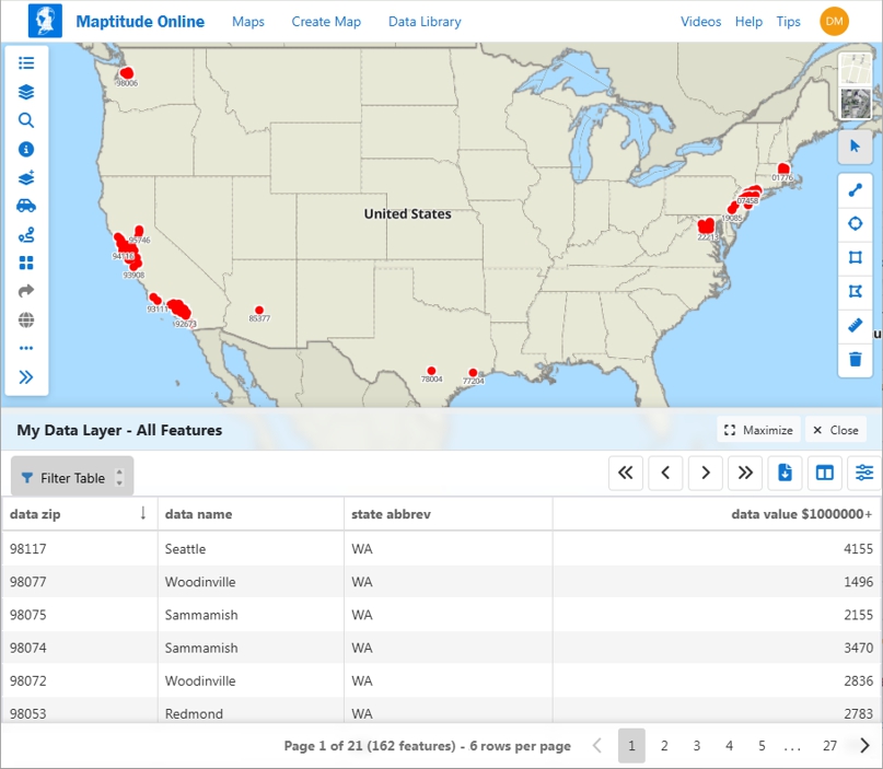 Maptitude Online AI Data Library map of ZIP Codes where more than 25% of housing units are valued over $1,000,000