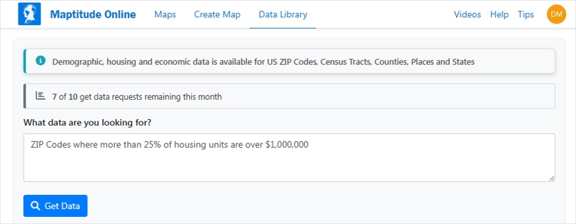 Maptitude Online AI Data Library search for ZIP Codes where more than 25% of housing units are valued over $1,000,000