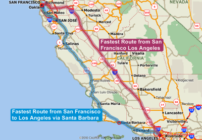 Map showing fastest route between San Francisco and Los Angeles