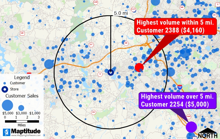 Maptitude freehand circle, text, and north arrow items
