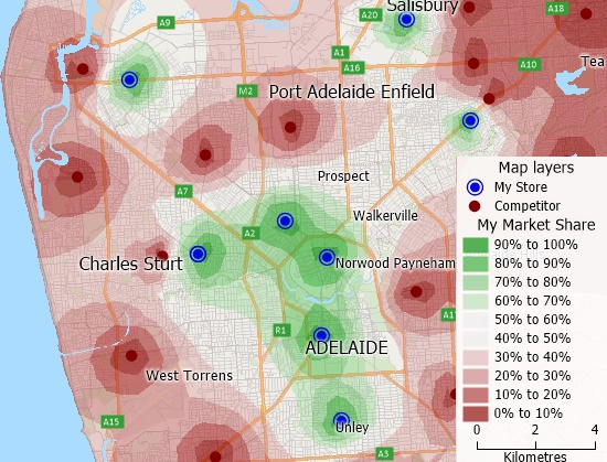 Map showing market share for store and competitors created with geo mapping tools