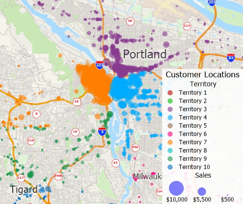 Map of customers located by address, colored by territory, and sized by volume of sales