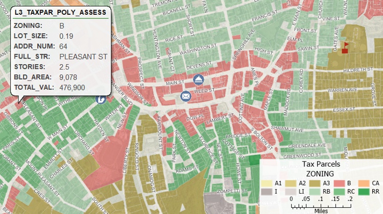 A tax parcel map created with a GIS solution for local government where the parcels are shown in different colors based on their zoning classification