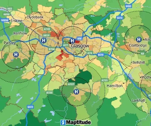 Maptitude map buffers around hospitals