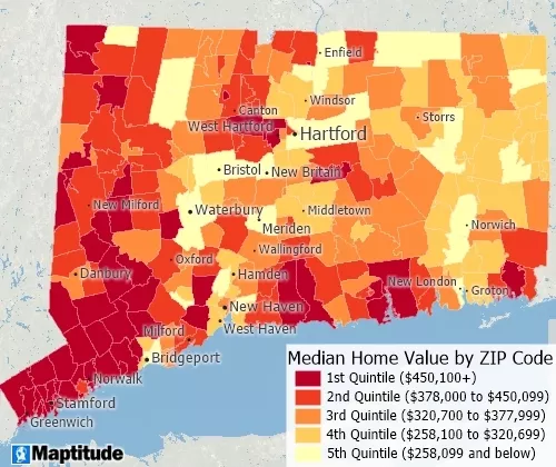 Maptitude map of home value by ZIP Code in Cook County divided into quintiles