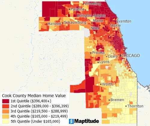 Maptitude map of home value by ZIP Code in Cook County divided into quintiles