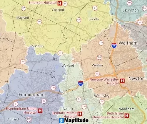 Maptitude GIS map of territories based on drive-time to nearest hospital