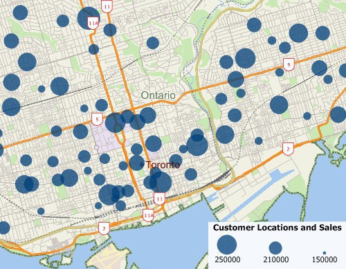 Sample Maptitude geographic information system map of geocoded Canada customer data