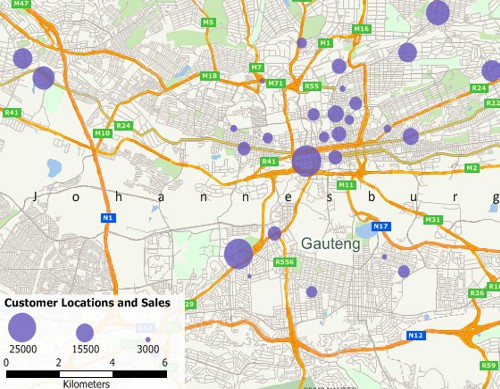 Sample Maptitude geographic information system map of geocoded South Africa customer data