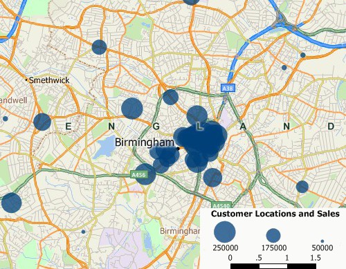 Sample Maptitude geographic information system map of geocoded UK customer data