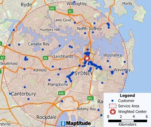 Maptitude GIS map of weighted center gravity location of customers