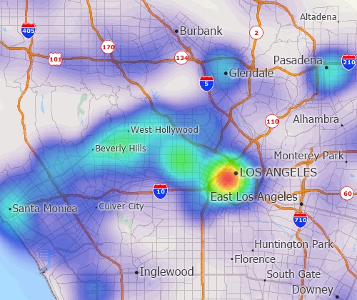 Map of coffee shop concentration in Los Angeles