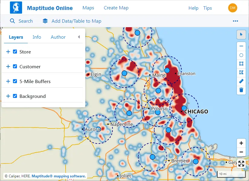 Heat map of customers around store locations in Chicago