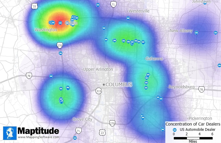 What is a heat map/heat map defintion: Heat map showing the concentration of auto dealers in Columbus, Ohio