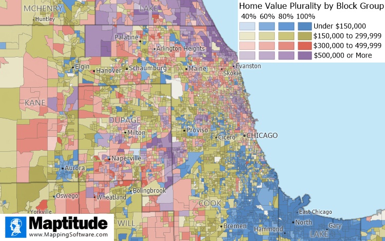 Plurality theme of home values by block group in Chicago area