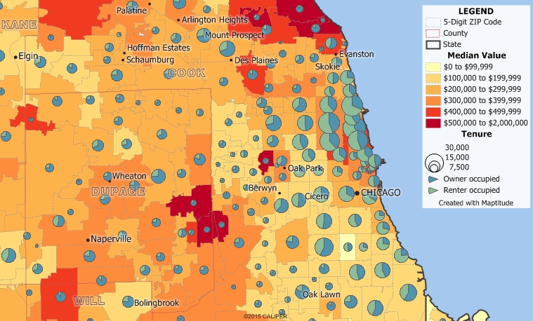 Housing Units by ZIP Code - Caliper map of housing value and tenure data by zip code