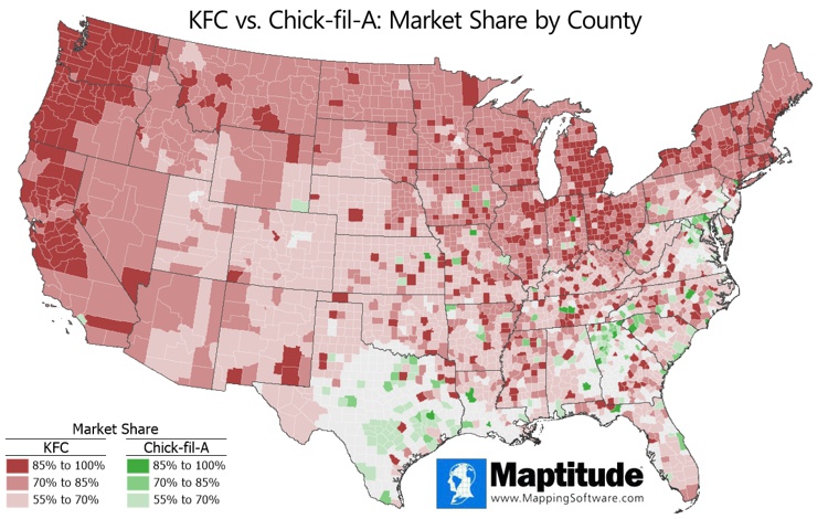 Market share of KFC vs Chick-fil-A by U.S. county