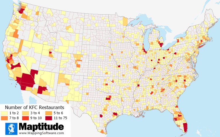 Maptitude heat map of KFC stores by county