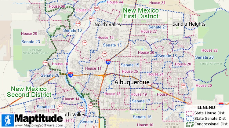 Map of state senate, house, and congressional district boundaries around Albequerque NM
