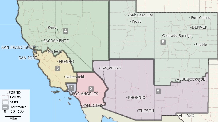 MapPoint alternative - Maptitude map showing territories balanced by population based on counties in the Southwest United States
