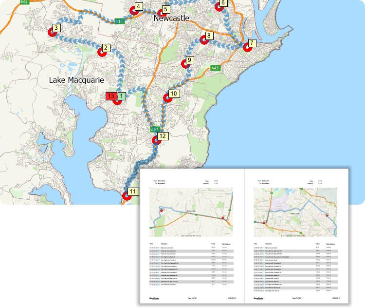 MapPoint alternative - Maptitude map showing a route servicing multiple stops and a PDF report with stop-to-stop directions