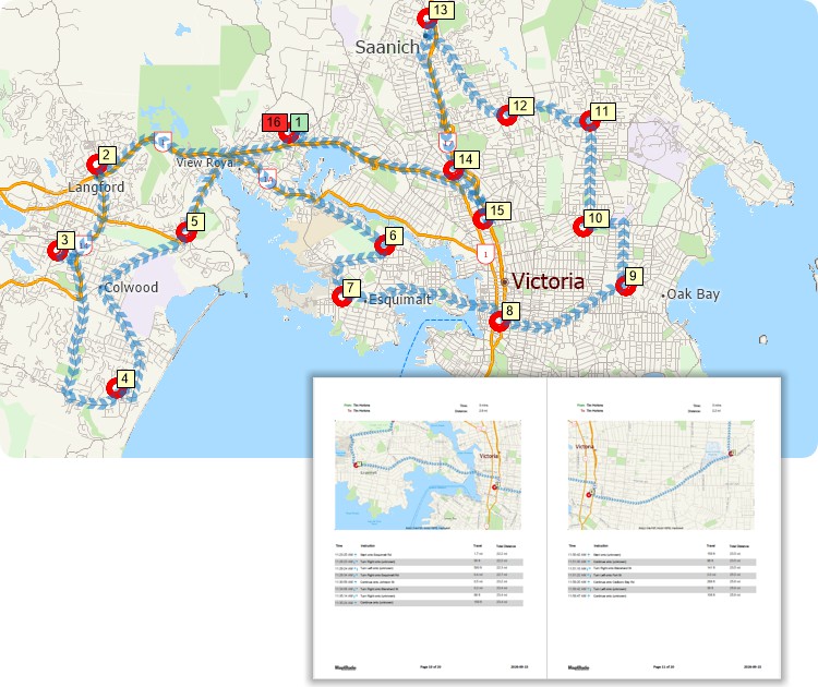 MapPoint alternative - Maptitude map showing a route servicing multiple stops and a PDF report with stop-to-stop directions