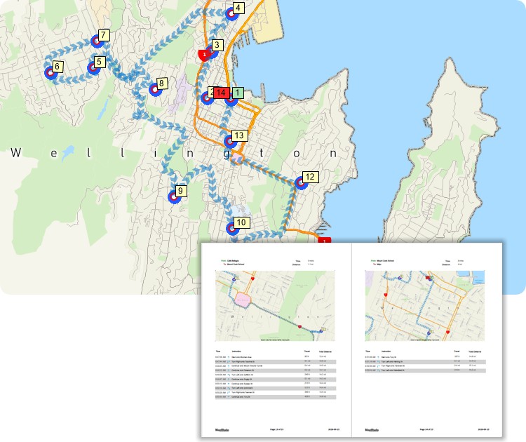 MapPoint alternative - Maptitude map showing a route servicing multiple stops and a PDF report with stop-to-stop directions