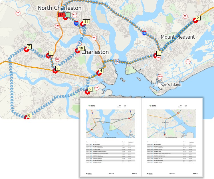 MapPoint alternative - Maptitude map showing a route servicing multiple stops and a PDF report with stop-to-stop directions