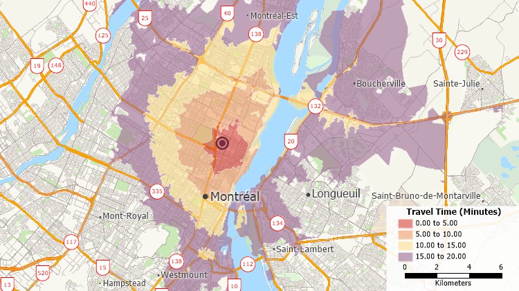 MapPoint replacement - Maptitude map showing 5-minute interval drive-time bands around a location in Montreal 